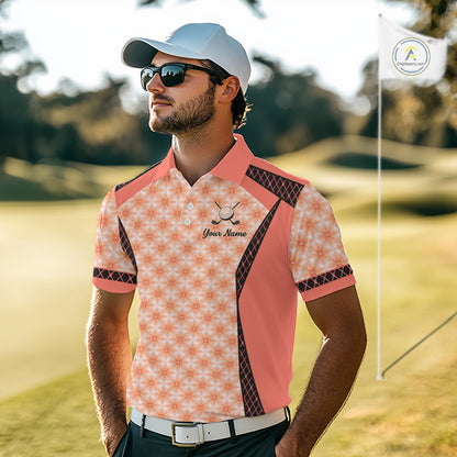 Custom Men's Coral Golf Polo, Personalized Geometric Pattern Golf Shirt With Name, Pink Golf Jersey NHT701