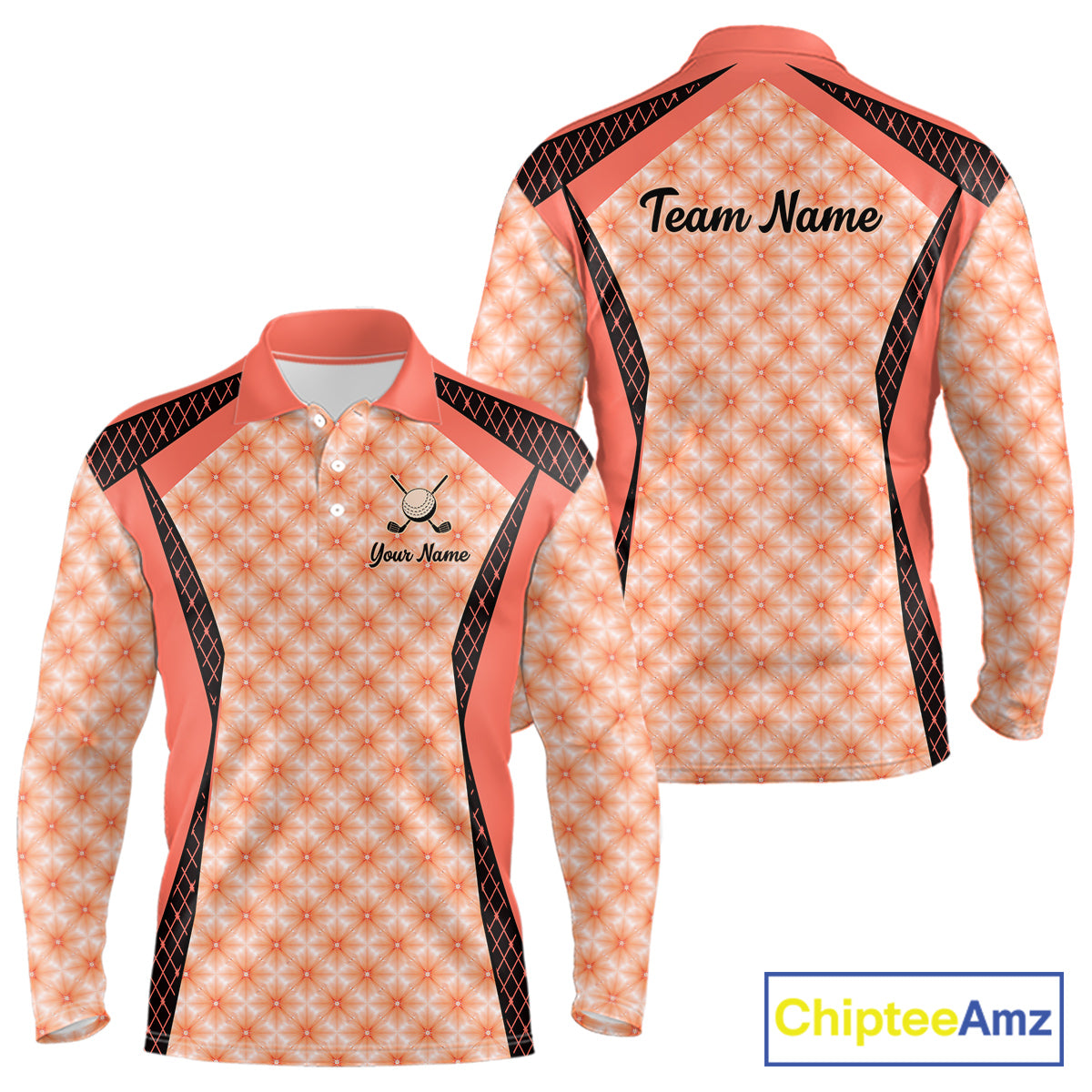 Custom Men's Coral Golf Polo, Personalized Geometric Pattern Golf Shirt With Name, Pink Golf Jersey NHT701