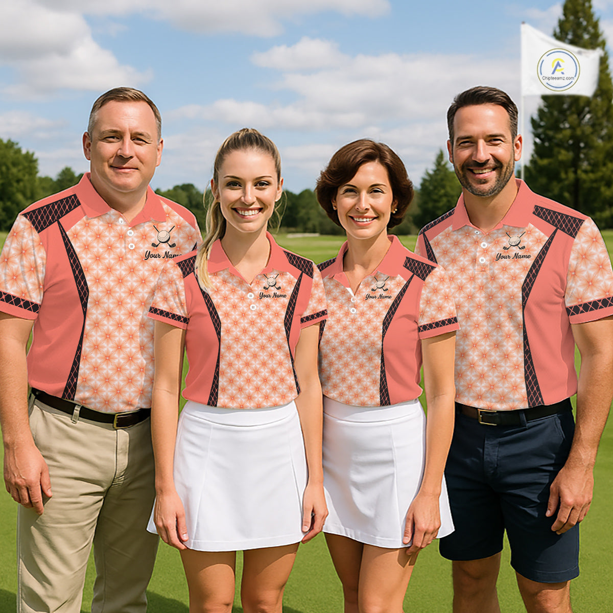Custom Men's Coral Golf Polo, Personalized Geometric Pattern Golf Shirt With Name, Pink Golf Jersey NHT701