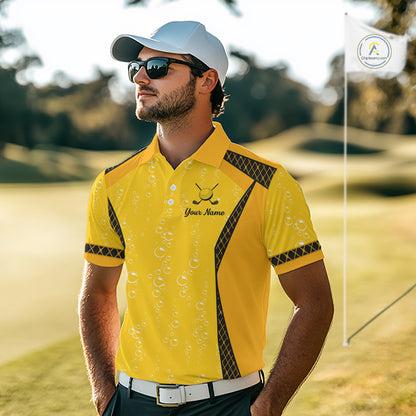 Custom Mens Beer Bubbles Golf Polo Shirt, Personalized Yellow Beer Themed Golf Jersey With Name, Gift For Golfer NHT703
