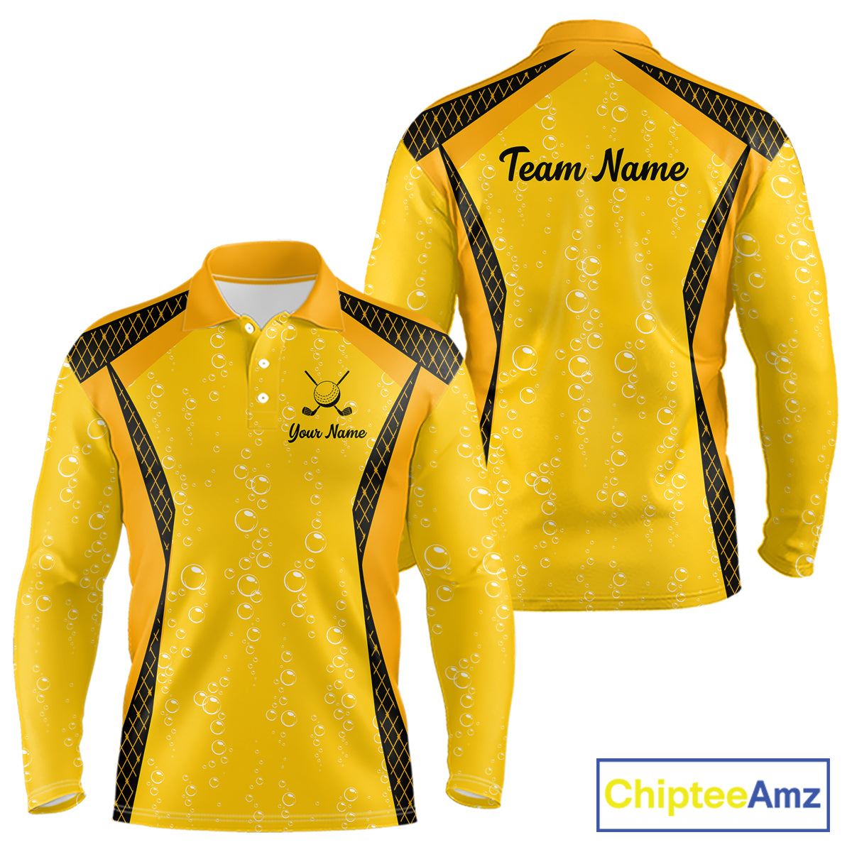 Custom Mens Beer Bubbles Golf Polo Shirt, Personalized Yellow Beer Themed Golf Jersey With Name, Gift For Golfer NHT703