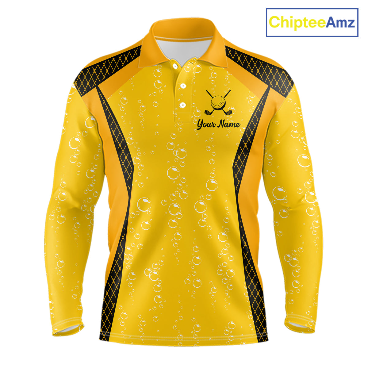 Custom Mens Beer Bubbles Golf Polo Shirt, Personalized Yellow Beer Themed Golf Jersey With Name, Gift For Golfer NHT703