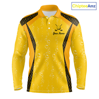 Custom Mens Beer Bubbles Golf Polo Shirt, Personalized Yellow Beer Themed Golf Jersey With Name, Gift For Golfer NHT703