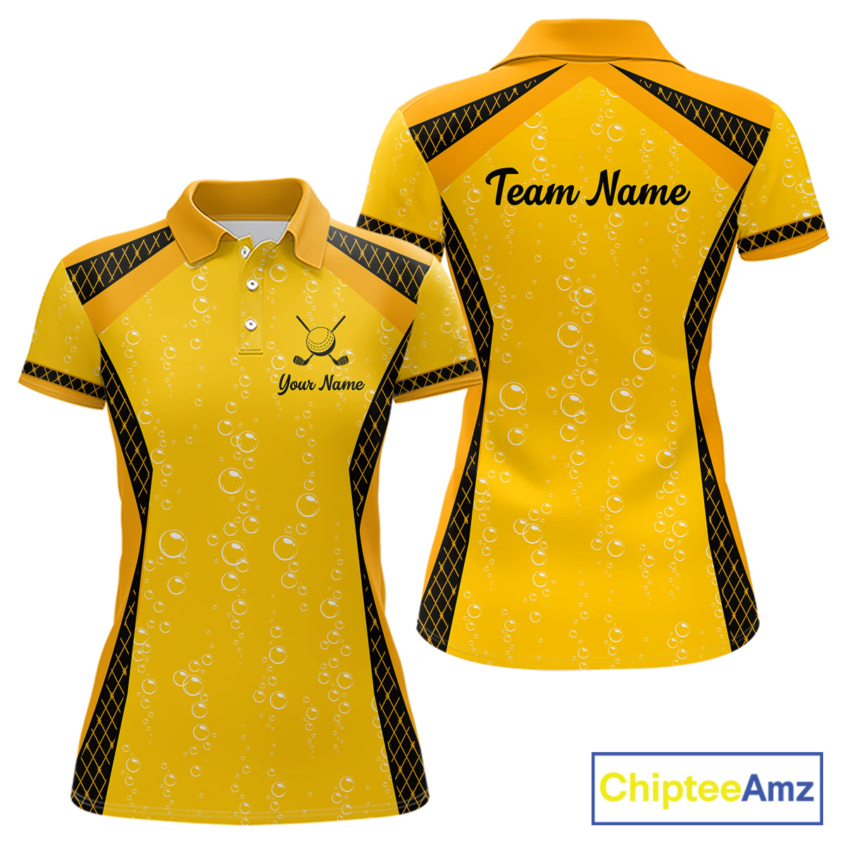 Custom Womens Beer Bubbles Golf Polo Shirt, Personalized Yellow Beer Themed Golf Jersey With Name, Gift For Golfer NHT703