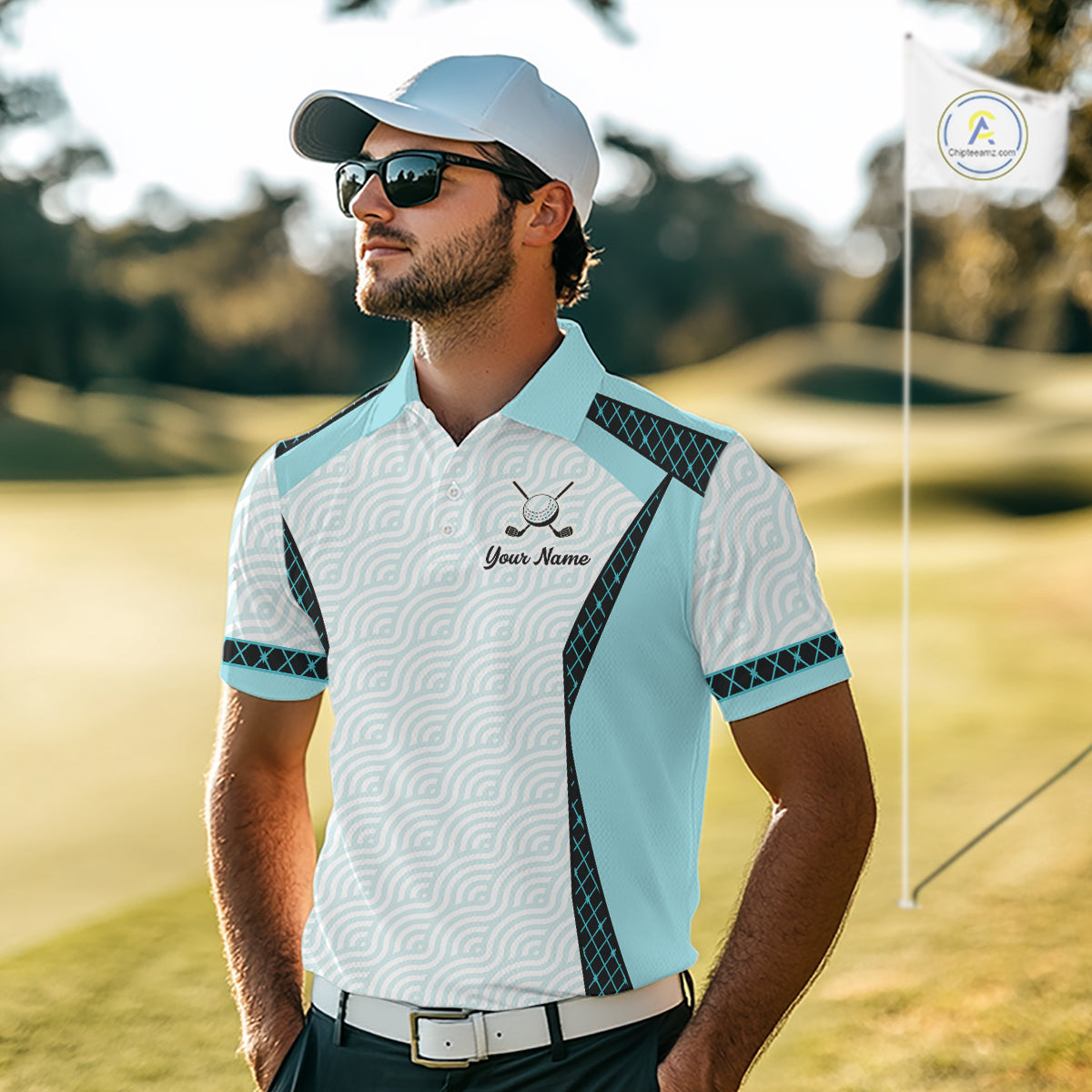 Personalized Aqua Sea Wave Golf Shirt With Name, Elegant Men's Sportswear, Stylish Men Golf Jersey NHT704