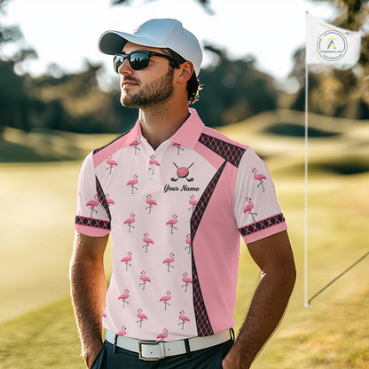 Custom Men's Flamingo Golf Polo, Personalized Pink Flamingo Golf Shirt With Name, Gift For Golfer NHT705