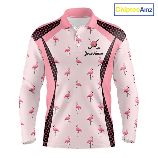 Custom Men's Flamingo Golf Polo, Personalized Pink Flamingo Golf Shirt With Name, Gift For Golfer NHT705