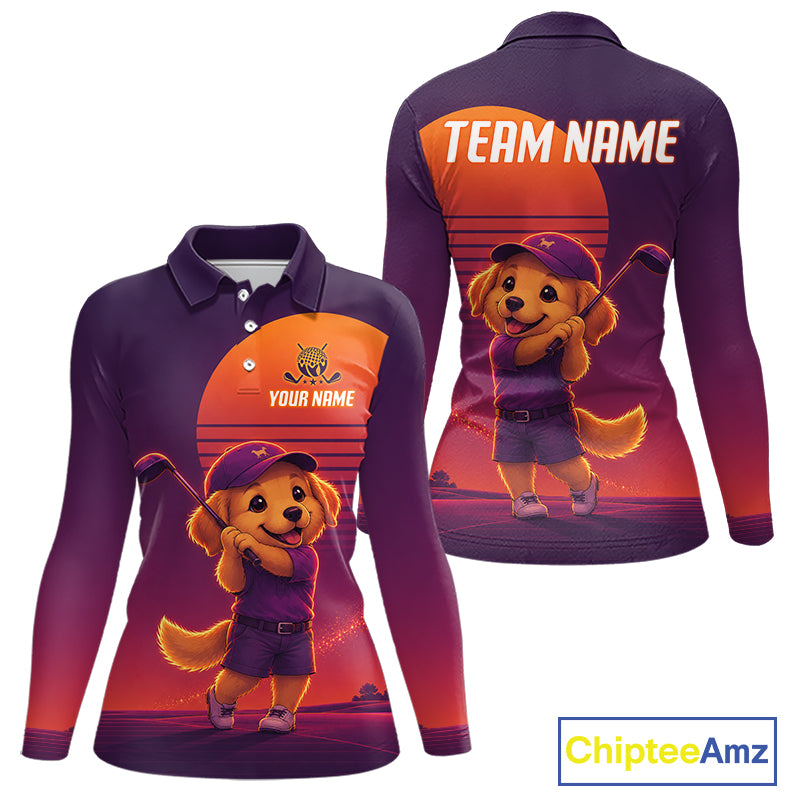 Personalized Golden Retriever Dog Golf Shirt - Retro Sunset Womens Golf Polo Shirt