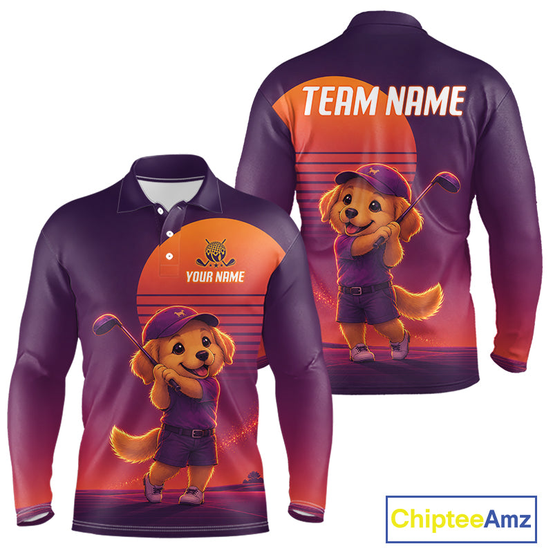 Personalized Golden Retriever Dog Golf Shirt - Retro Sunset Golf Polo Shirt For Men NHT1035