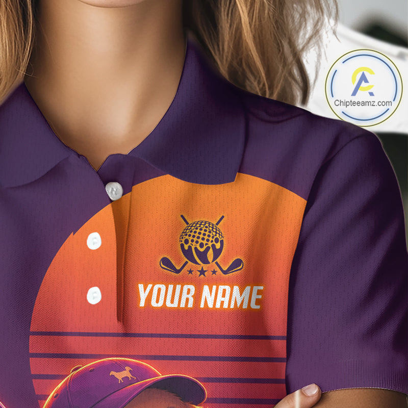 Personalized Golden Retriever Dog Golf Shirt - Retro Sunset Womens Golf Polo Shirt
