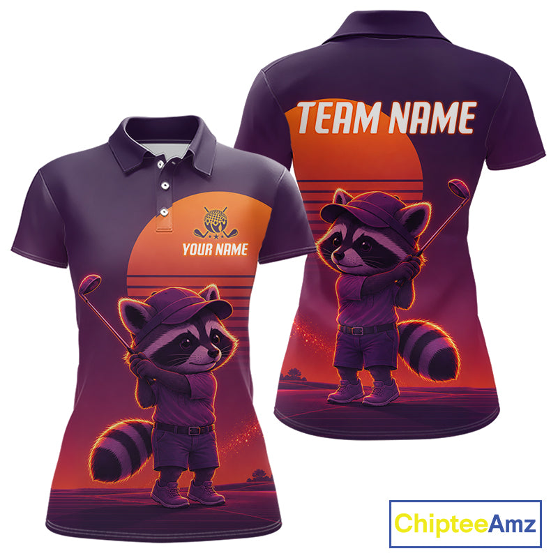Personalized Raccoon Golf Shirt - Retro Sunset Womens Golf Polo Shirt