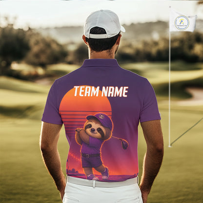 Person wearing a purple polo shirt with a cartoon sloth design on a golf course