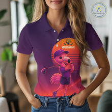 Load image into Gallery viewer, Purple polo shirt with a graphic of a bear wearing a cap and text 'YOUR NAME' on an orange background.