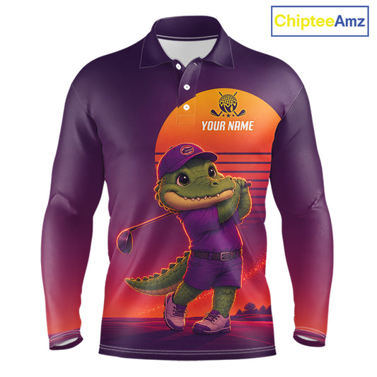 Personalized Alligator Golf Shirt - Retro Sunset Golf Polo Shirt For Men