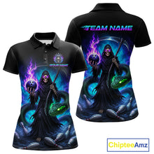 Load image into Gallery viewer, Women's custom bowling jersey with Grim Reaper design – short sleeve polo close-up