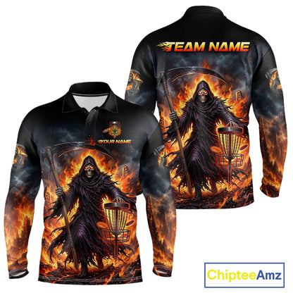 Custom disc golf polo shirt for men, death graphic 3D printed jersey, breathable polyester, side view.