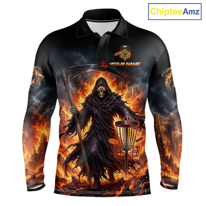 Mens disc golf polo shirt with flaming grim reaper graphic, custom name and number, athletic fit.