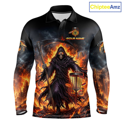 Mens disc golf polo shirt with flaming grim reaper graphic, custom name and number, athletic fit.