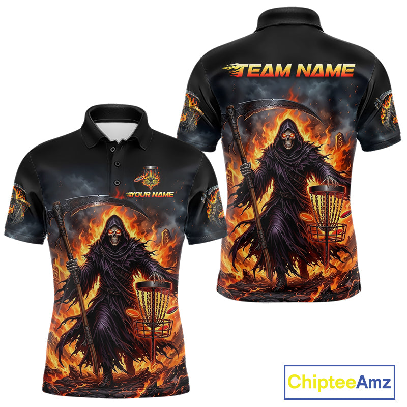 Mens disc golf polo shirt with flaming grim reaper graphic, custom name and number, athletic fit.