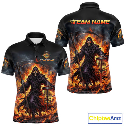 Mens disc golf polo shirt with flaming grim reaper graphic, custom name and number, athletic fit.