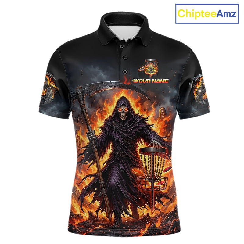 Personalized disc mens golf polo shirt, flaming grim reaper death graphic 3D printed jersey, front view.