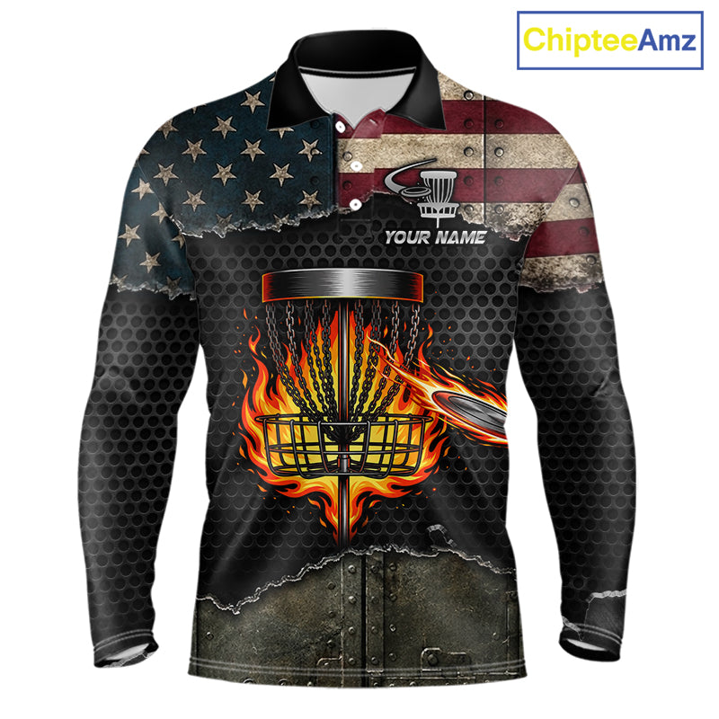 Mens disc golf polo shirt with USA flag design, custom name and number, athletic fit.