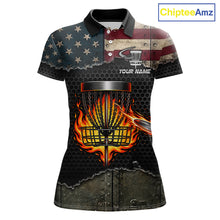 Load image into Gallery viewer, Custom name USA flag disc golf tournament shirt, women short sleeve polo, fire basket sports apparel front view.