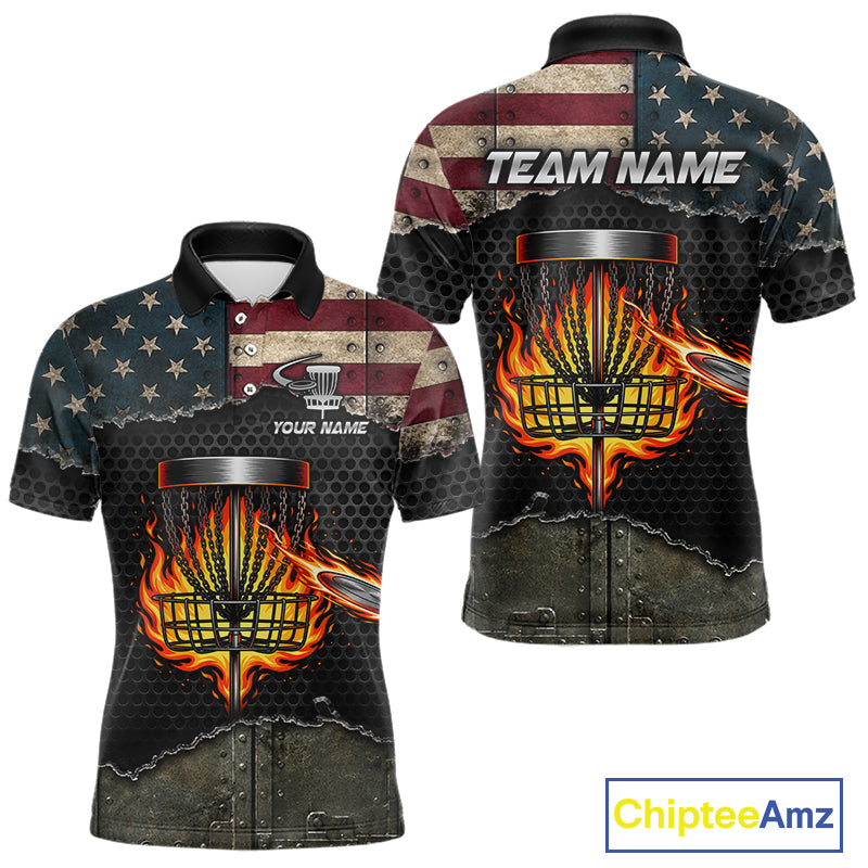 Mens disc golf polo shirt with USA flag design, custom name and number, athletic fit.
