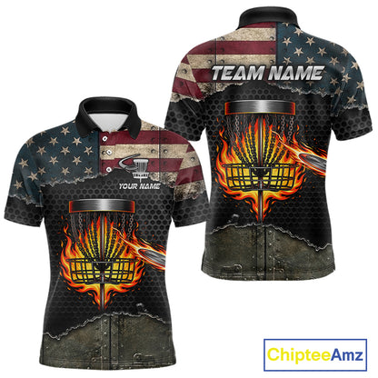 Mens disc golf polo shirt with USA flag design, custom name and number, athletic fit.