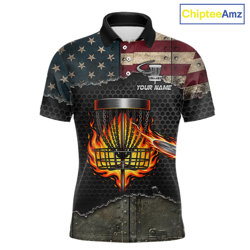 Custom name USA flag disc golf tournament shirt for men, fire basket sports apparel, front view