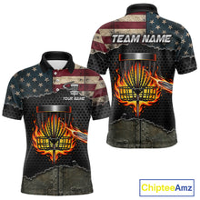 Load image into Gallery viewer, Mens disc golf polo shirt with USA flag design, custom name and number, athletic fit.