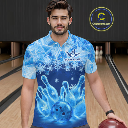 Blue Winter Bowling 1/4 Zip Polo Shirt Custom Name – Ice Bowling Ball Performance Jersey For Men NHT1341