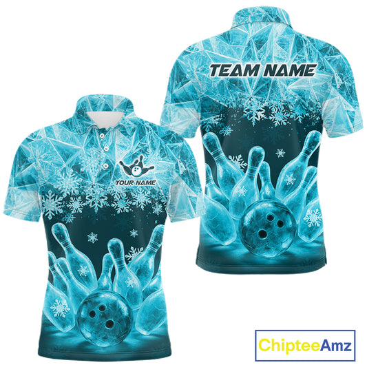 Turquoise Winter Bowling 1/4 Zip Polo Shirt Custom Name – Ice Bowling Ball Performance Jersey For Men NHT1342