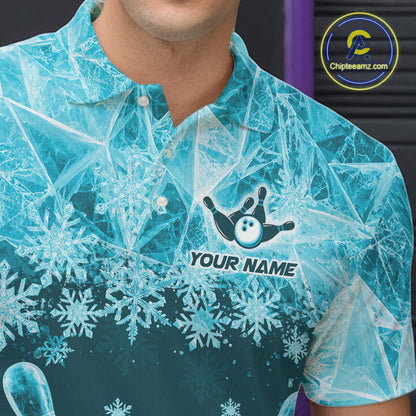 Turquoise Winter Bowling 1/4 Zip Polo Shirt Custom Name – Ice Bowling Ball Performance Jersey For Men NHT1342