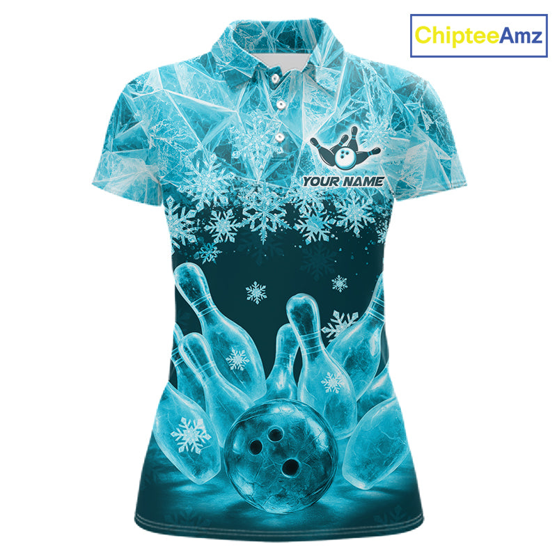 Turqouise Winter Bowling 1/4 Zip Polo Shirt Custom Name – Ice Bowling Ball Performance Jersey For Women NHT1342