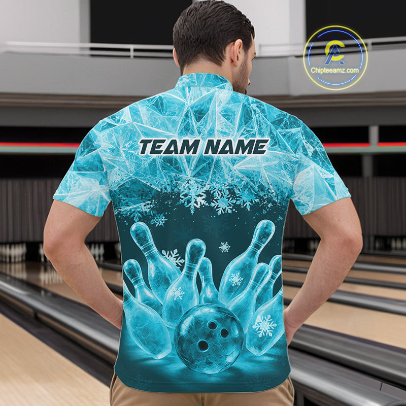 Turquoise Winter Bowling 1/4 Zip Polo Shirt Custom Name – Ice Bowling Ball Performance Jersey For Men NHT1342