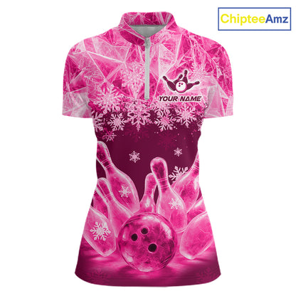 Pink Winter Bowling 1/4 Zip Polo Shirt Custom Name – Ice Bowling Ball Performance Jersey For Women NHT1343