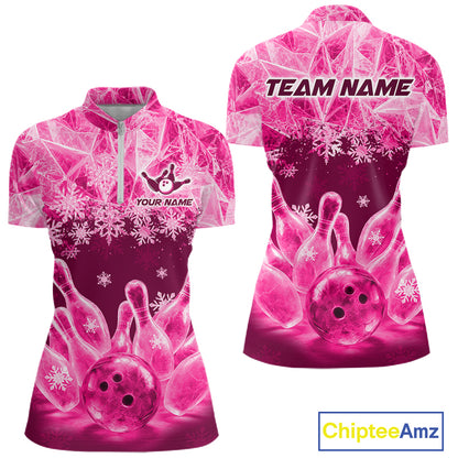 Pink Winter Bowling 1/4 Zip Polo Shirt Custom Name – Ice Bowling Ball Performance Jersey For Women NHT1343