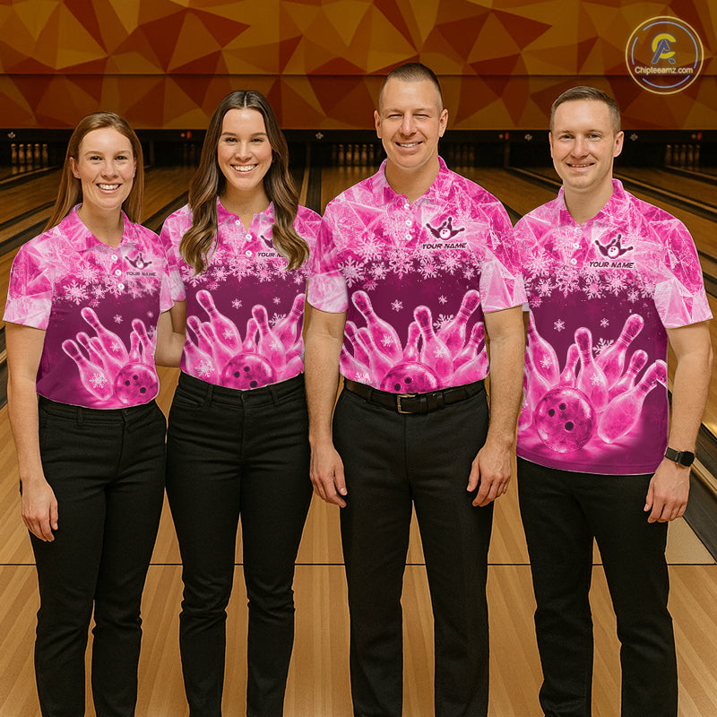Pink Winter Bowling 1/4 Zip Polo Shirt Custom Name – Ice Bowling Ball Performance Jersey For Men NHT1343