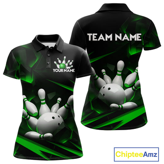 Personalized Bowling 1/4 Quarter Zip Polo Green Black Bowling Ball Jersey For Women NHT1344