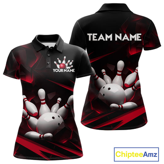 Personalized Bowling 1/4 Quarter Zip Polo Red Black Bowling Ball Jersey For Women NHT1345