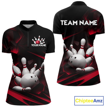 Personalized Bowling 1/4 Quarter Zip Polo Red Black Bowling Ball Jersey For Women NHT1345