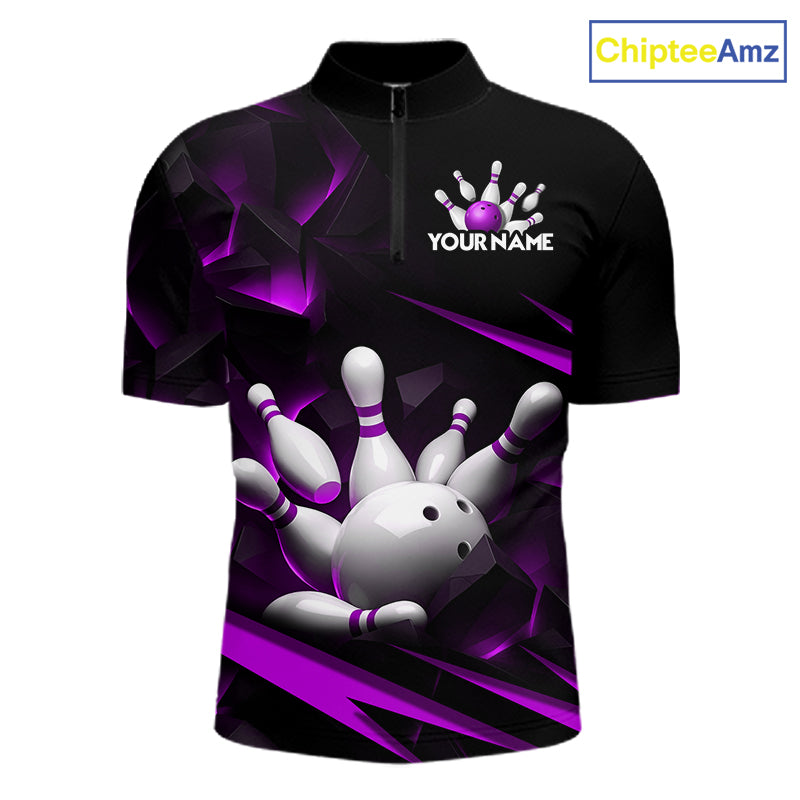 Personalized Bowling 1/4 Quarter Zip Polo Purple Black Bowling Ball Jersey For Men NHT1346