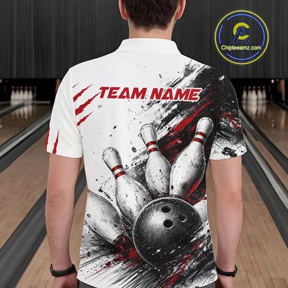 A man viewed from behind wearing a white short-sleeve bowling-themed polo shirt with a large black, white, and red graphic of bowling pins and a bowling ball, plus 'TEAM NAME' text across the upper back. The background shows a blurred bowling alley interior, and a circular 'Chipteeamz.