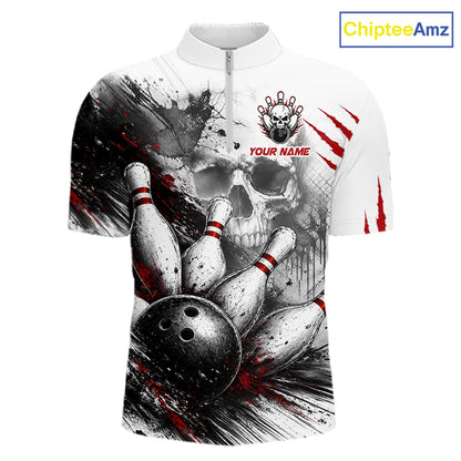 A white short-sleeve zip-front shirt with a bowling-themed graphic print featuring a skull, bowling pins, a bowling ball, red claw marks, and the text 'YOUR NAME' and a skull logo. The ChipteeAmz logo is visible in the top right corner.