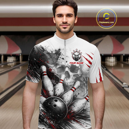 Men's Personalized Skull Bowling Tournament Shirt & Quarter Zip – Custom Name Team Jersey NHT1214