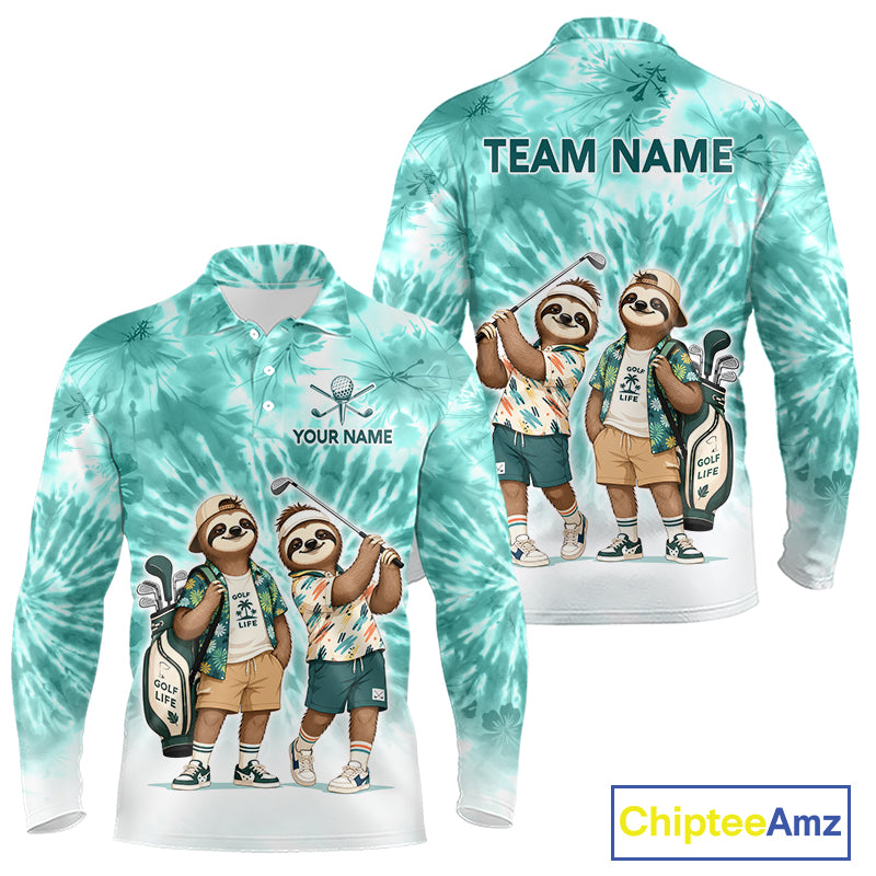 Funny Sloth Golf Polo Shirt For Men –  Blue Tie Dye Custom Name Golf Shirt, Golf Gift NHT880