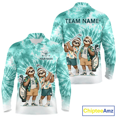 Funny Sloth Golf Polo Shirt For Men –  Blue Tie Dye Custom Name Golf Shirt, Golf Gift NHT880