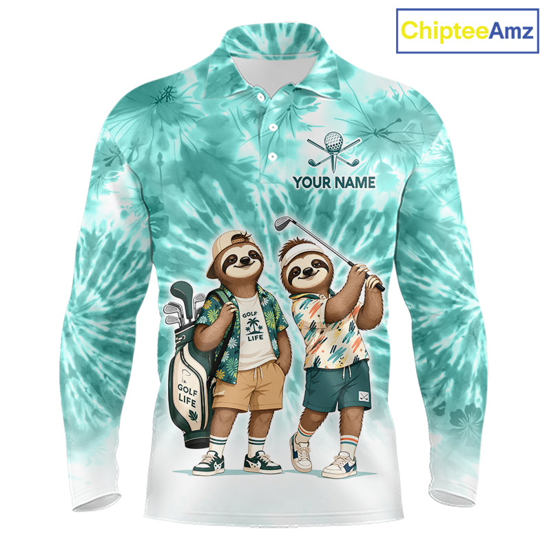 Funny Sloth Golf Polo Shirt For Men –  Blue Tie Dye Custom Name Golf Shirt, Golf Gift NHT880