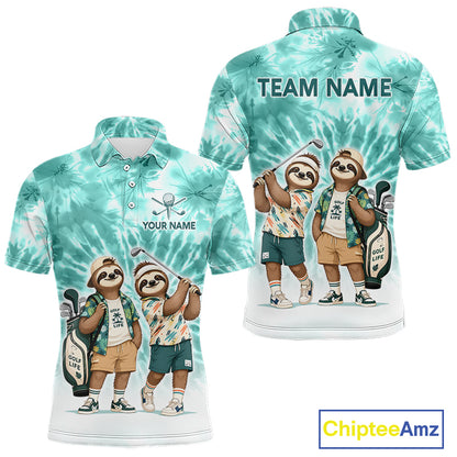 Funny Sloth Golf Polo Shirt For Men –  Blue Tie Dye Custom Name Golf Shirt, Golf Gift NHT880